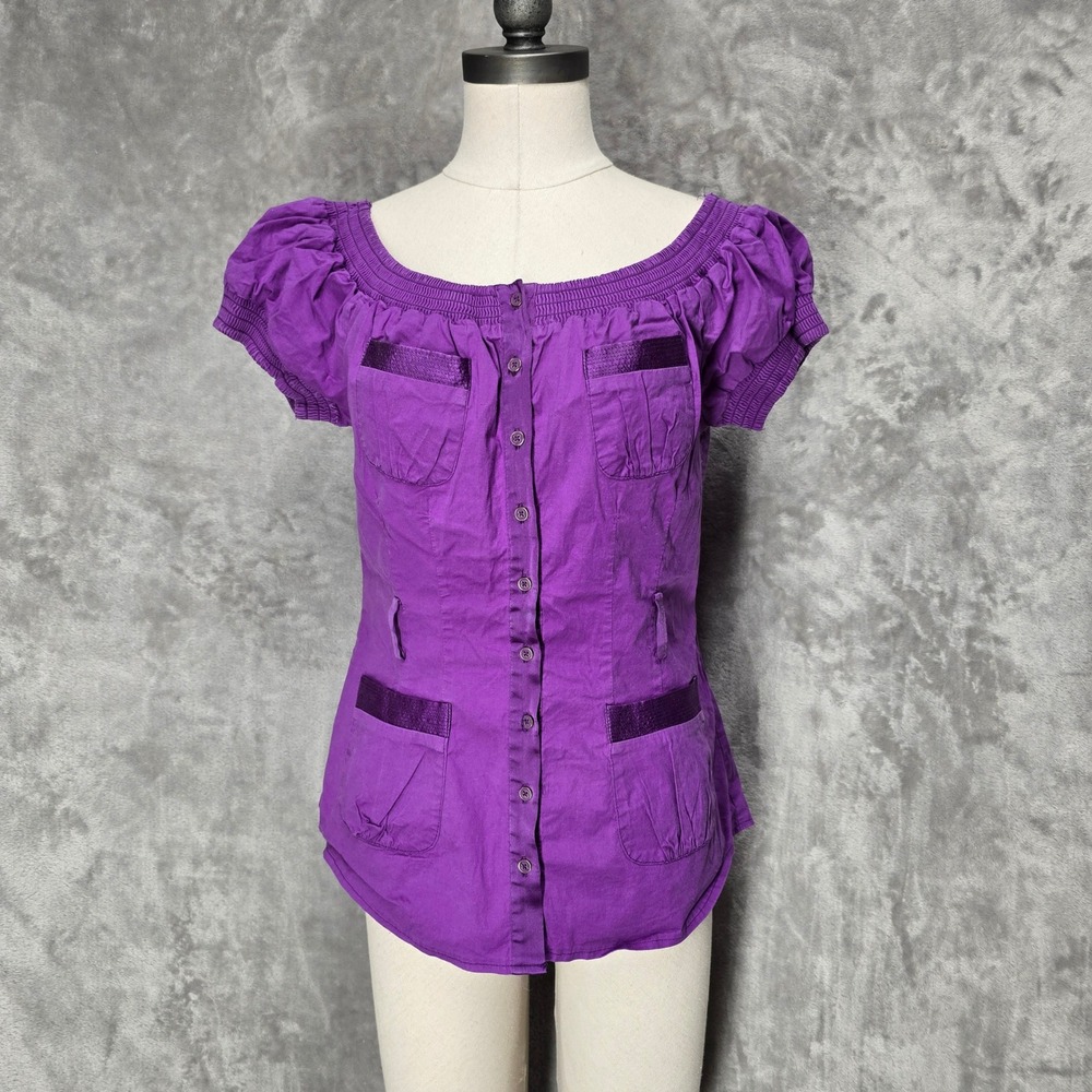 Vtg Y2K 2b Bebe Blouse Women L Purple Smock McBling Steampunk Puff Sleeve Indie